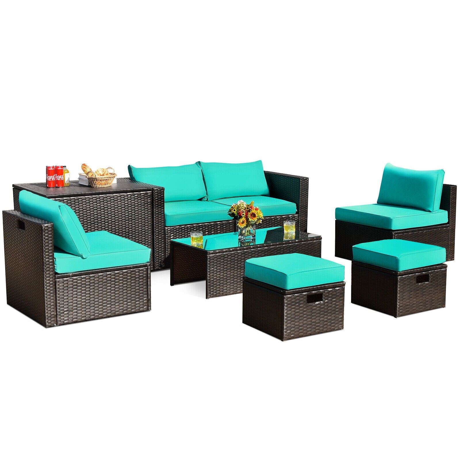 8 Pieces Patio Space-Saving Rattan Furniture Set with Storage Box and Waterproof Cover-Gray