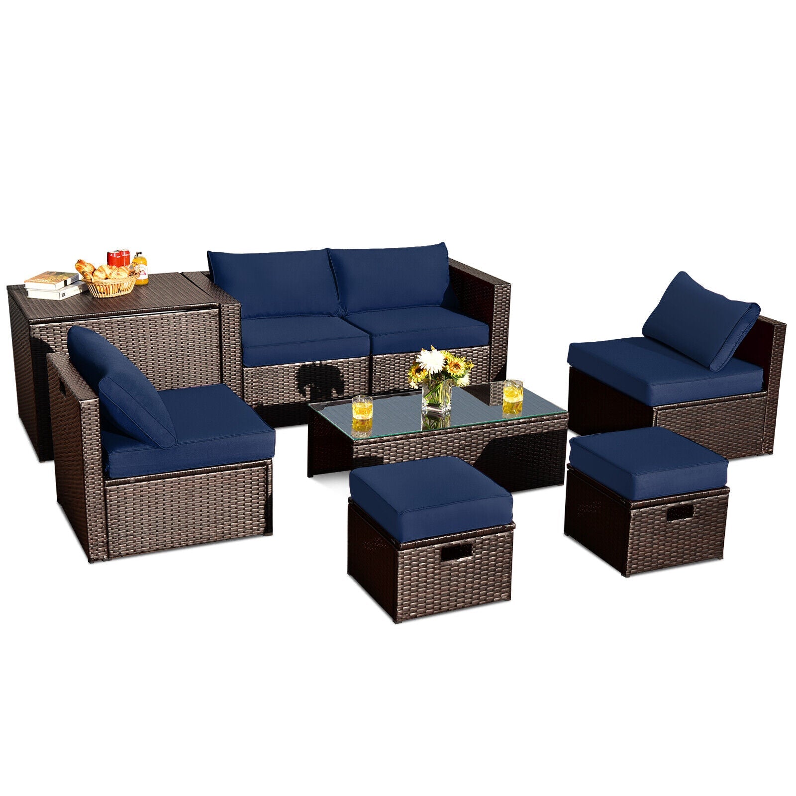 8 Pieces Patio Space-Saving Rattan Furniture Set with Storage Box and Waterproof Cover-Gray