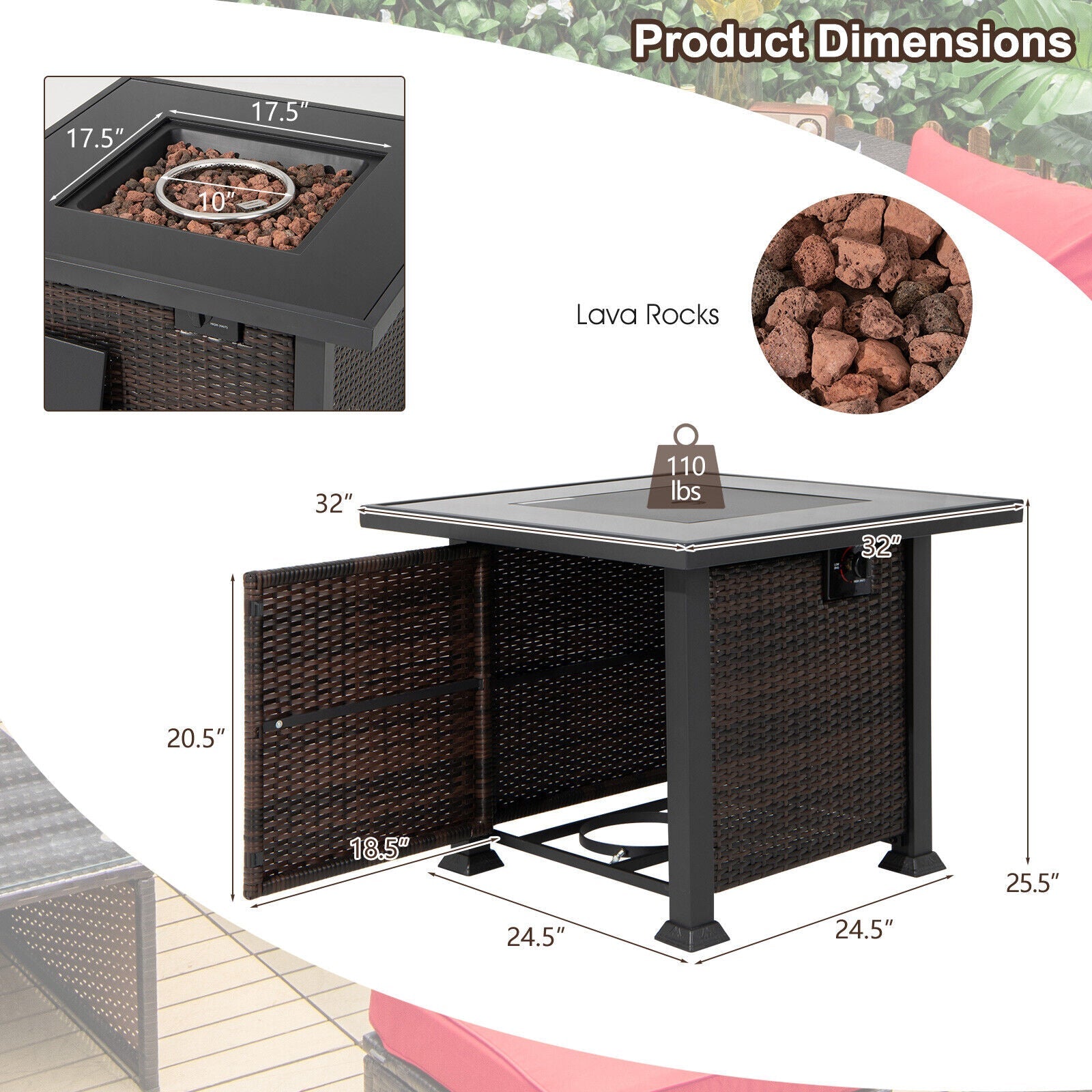 32 Inch Square Propane Fire Pit Table with Lava Rocks Cover