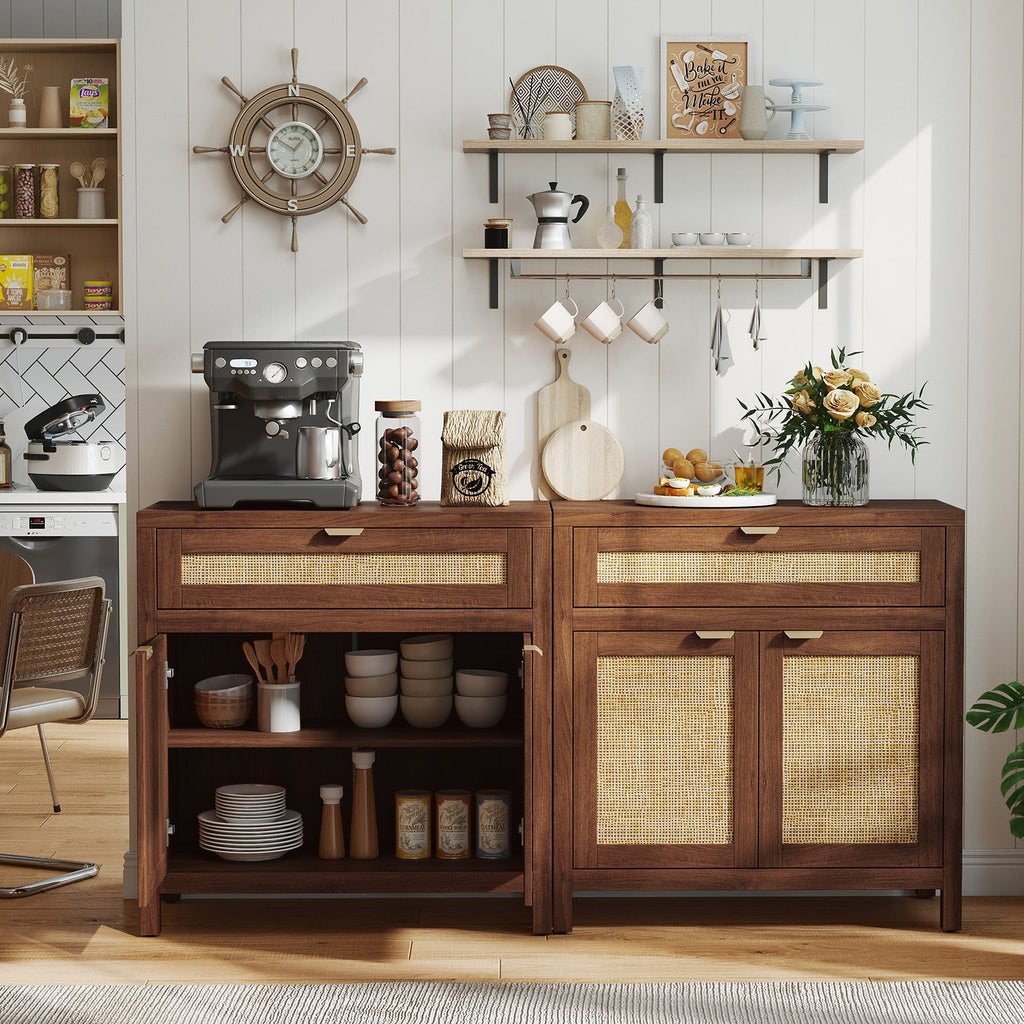 Sideboard Storage Cabinet with Rattan Doors and Drawer-Brown