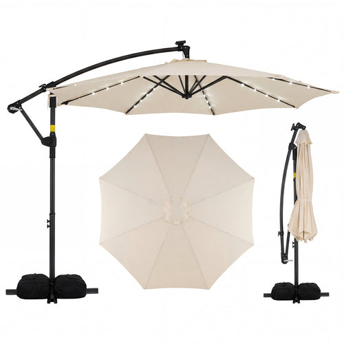 10 Feet Solar Offset Hanging Umbrella with Base and 32 LED Lights