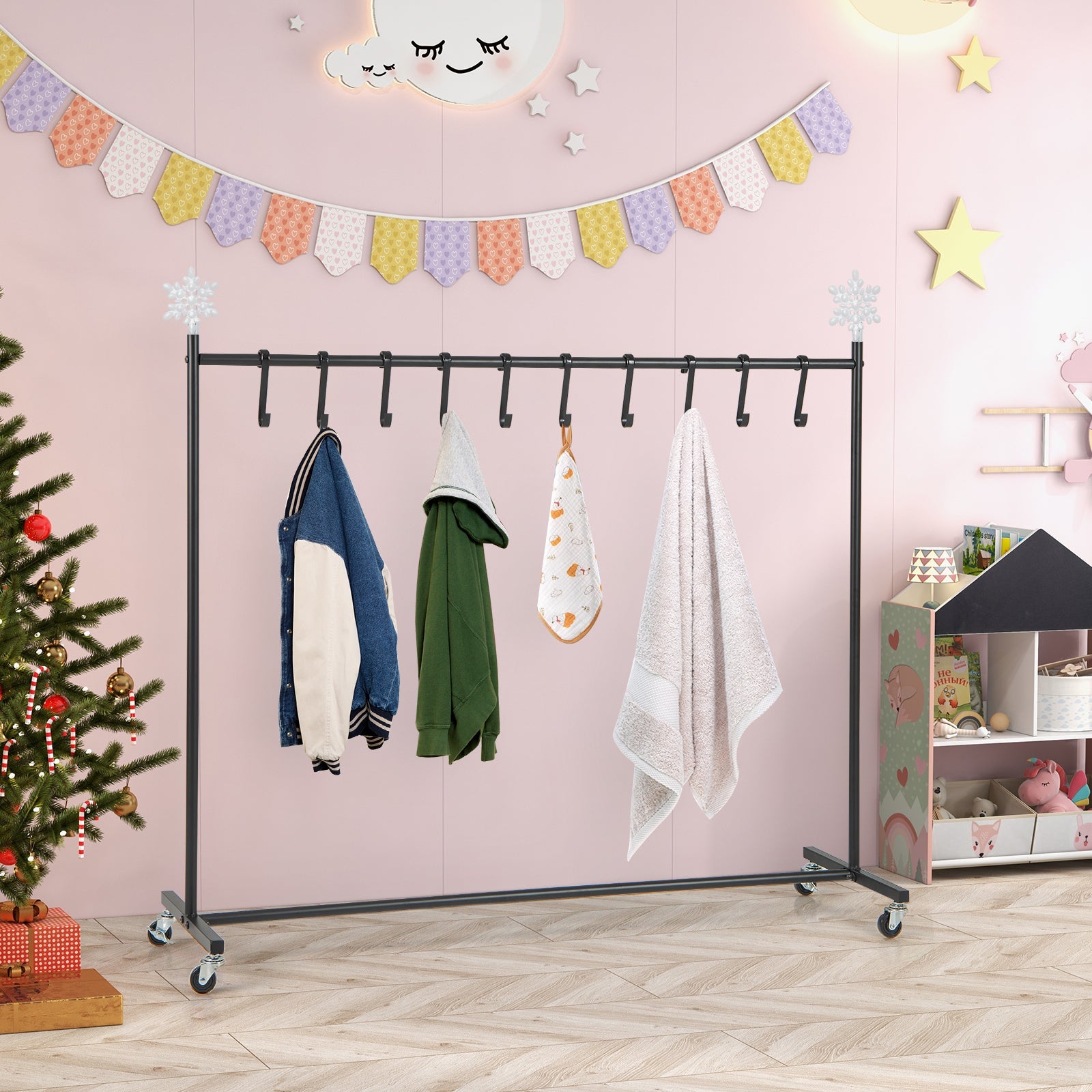10-Hook Christmas Stocking Holder Stand on Wheels Freestanding Rack-Black