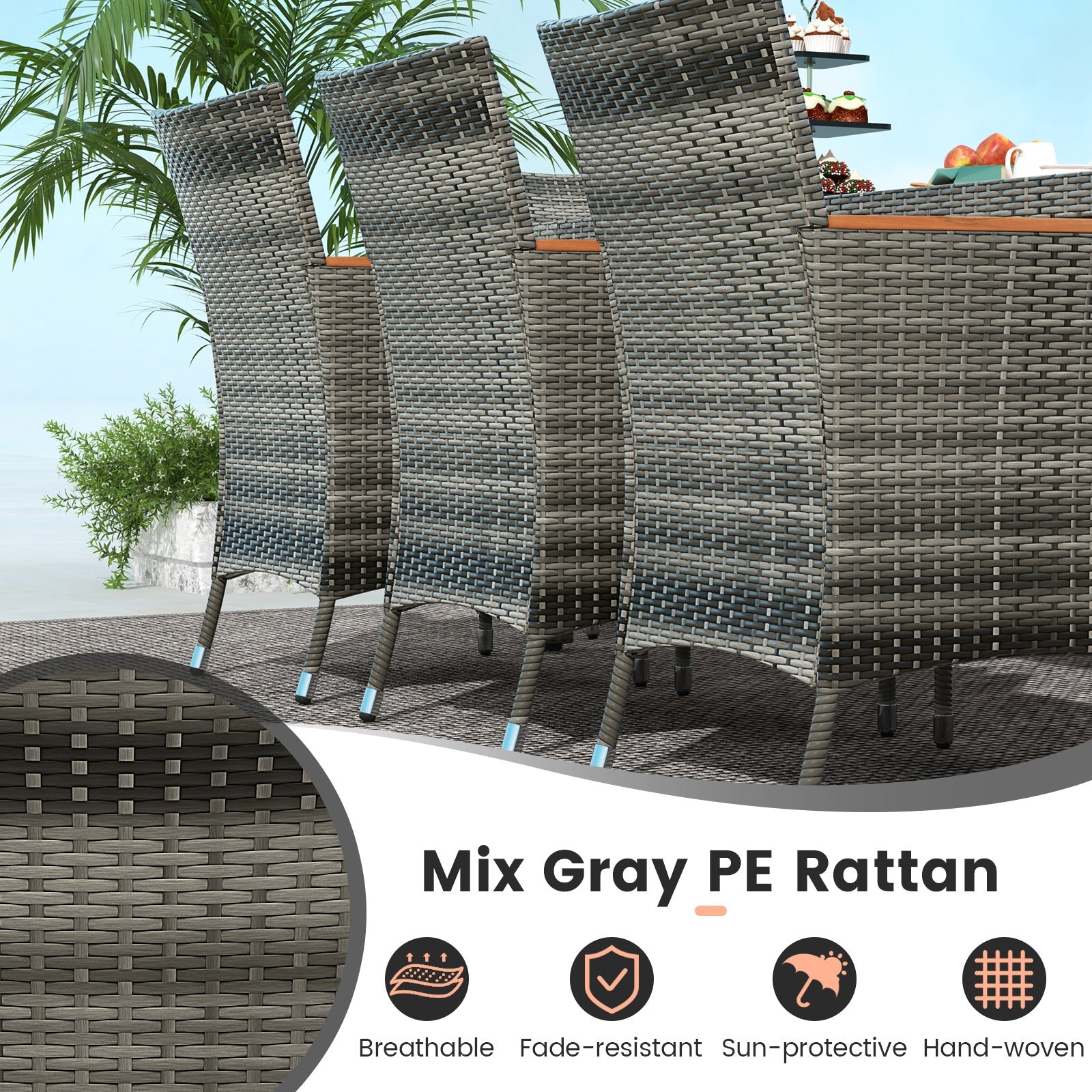 10 Pieces Patio Wicker Dining Set with 15 Feet Double-Sided Patio Umbrella