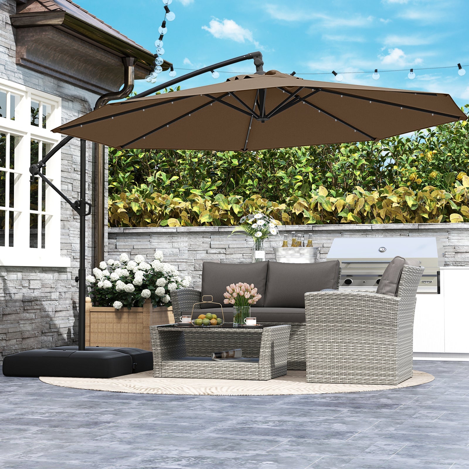 10 Feet Solar Offset Hanging Umbrella with Base and 32 LED Lights-Taupe