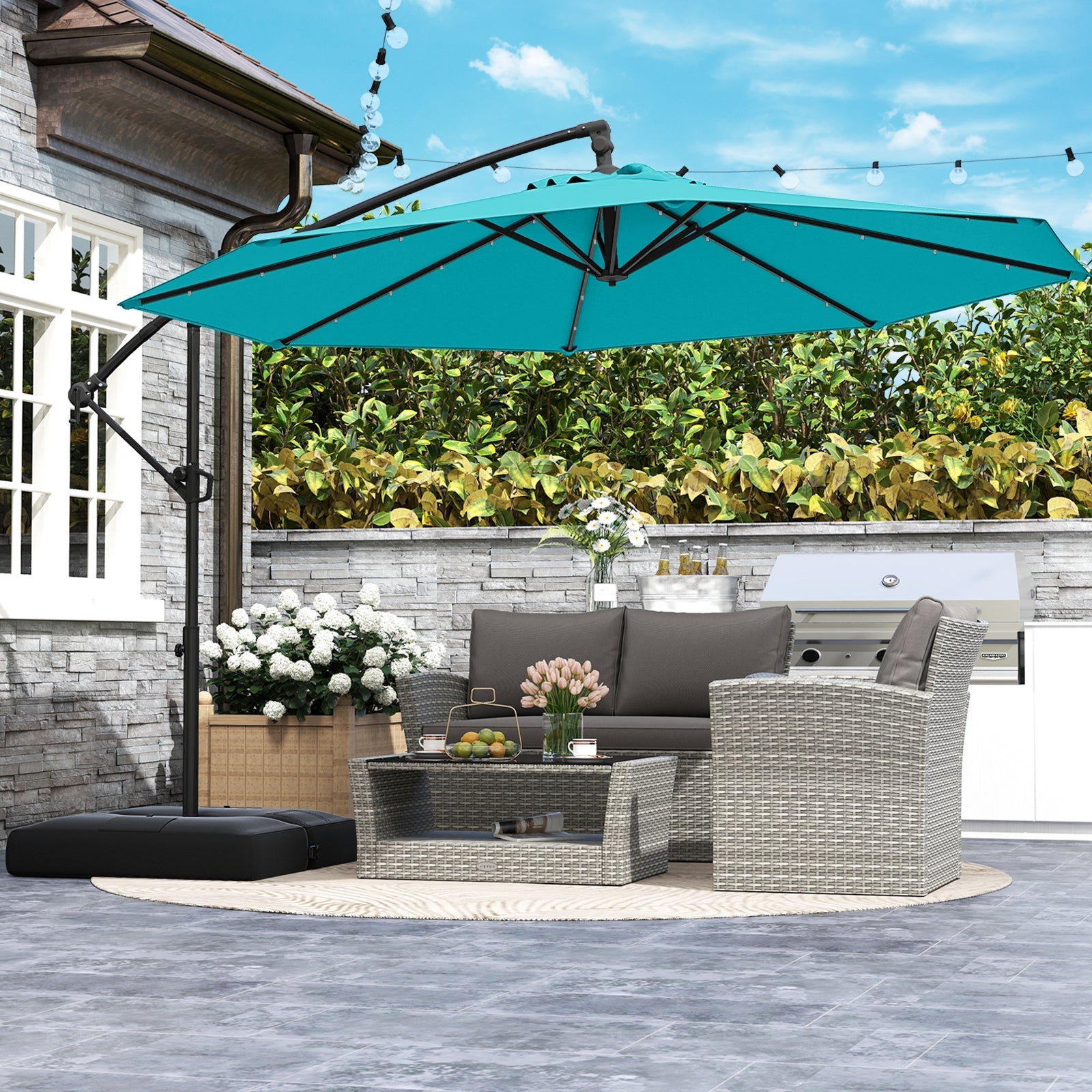 10 Feet Solar Offset Hanging Umbrella with Base and 32 LED Lights-Turquoise