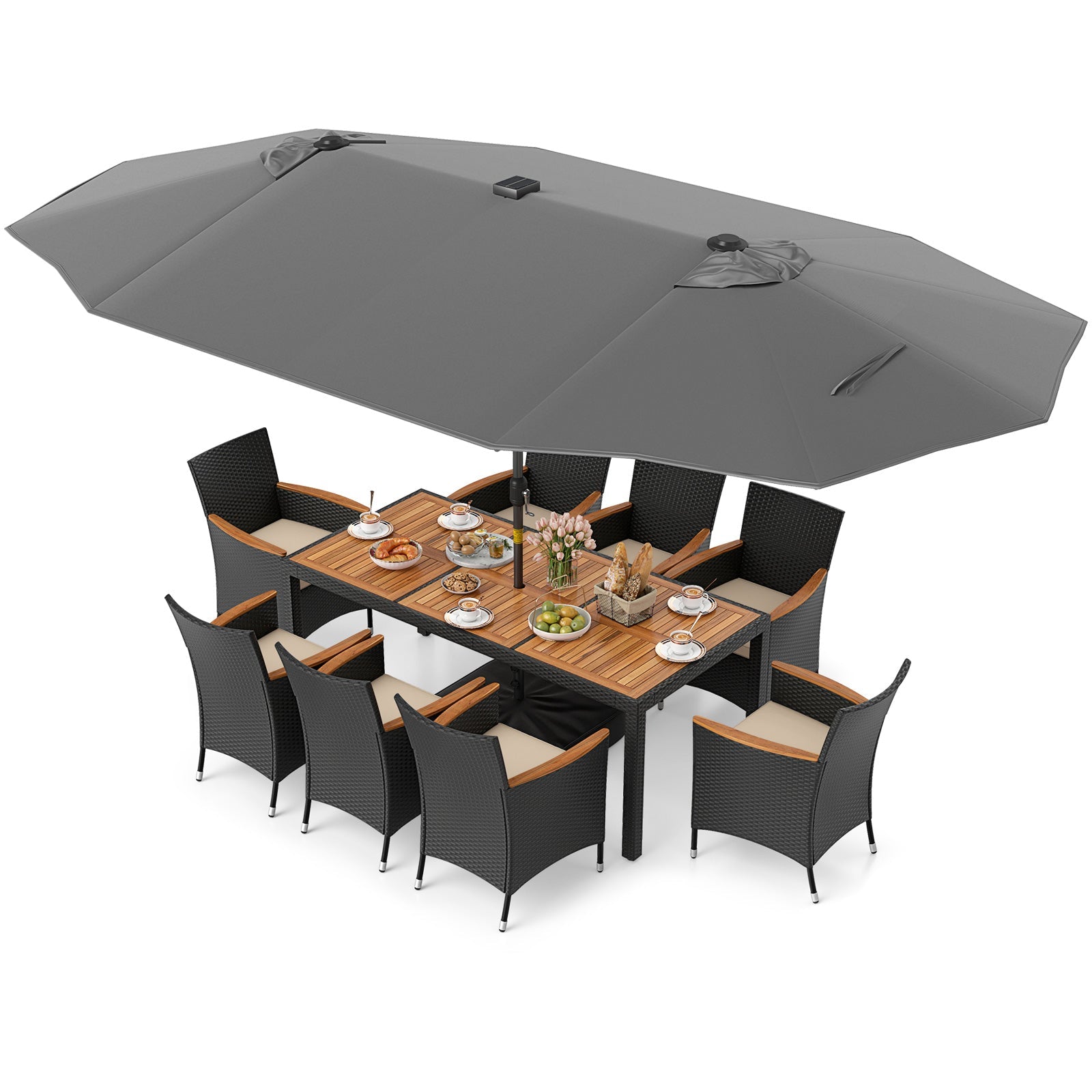 11 Pieces Patio Dining Set with LED Patio Umbrella with Base and Seat Cushions (Beige)