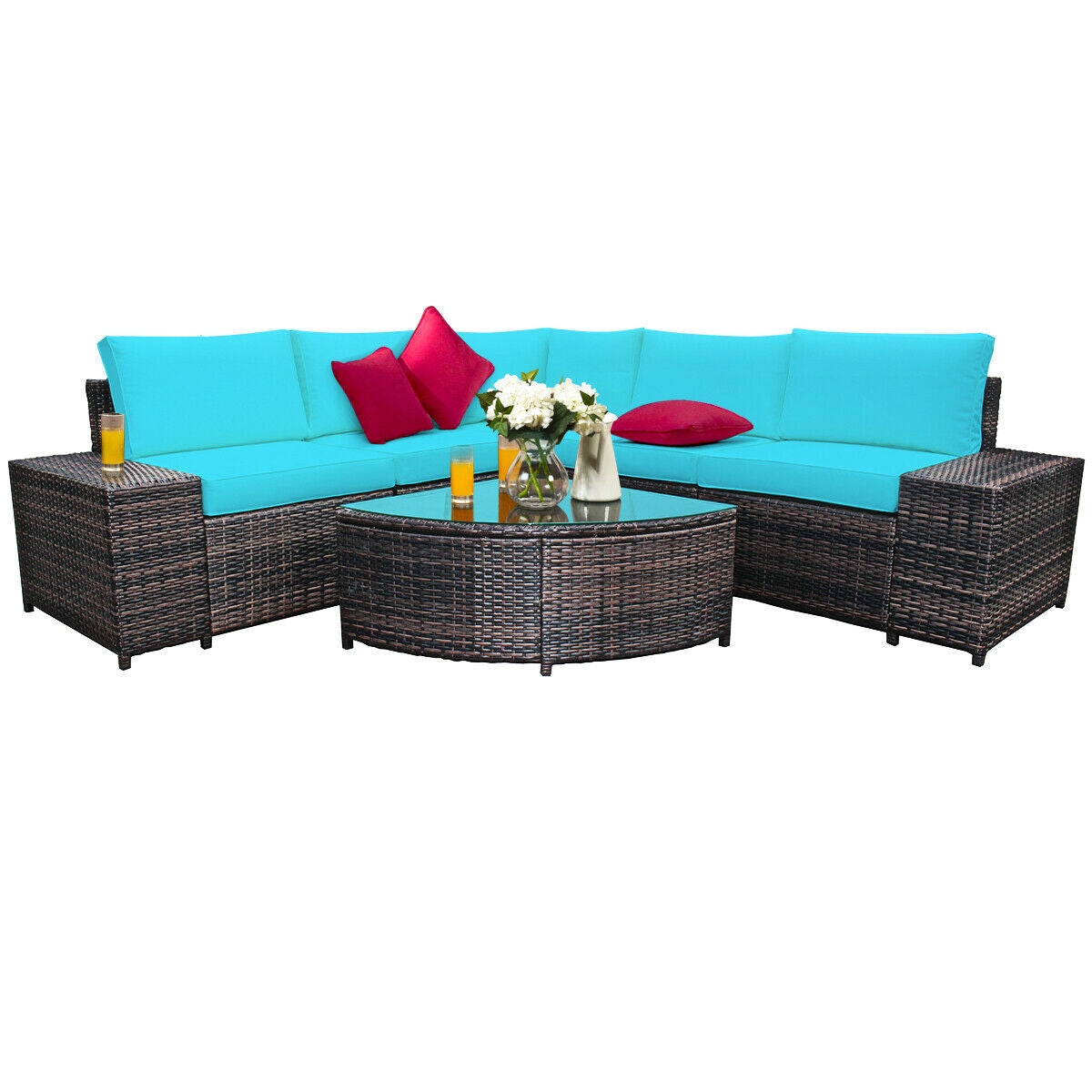 6 Piece Wicker Patio Sectional Sofa Set with Tempered Glass Coffee Table