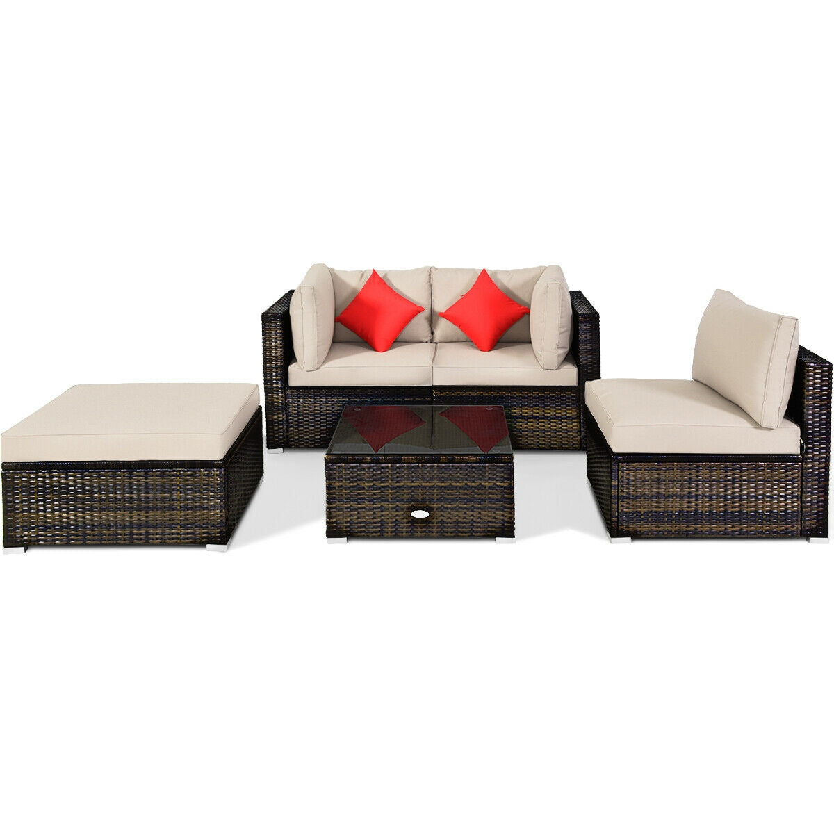 5 Pcs Outdoor Patio Rattan Furniture Set Sectional Conversation with Navy Cushions-Turquoise
