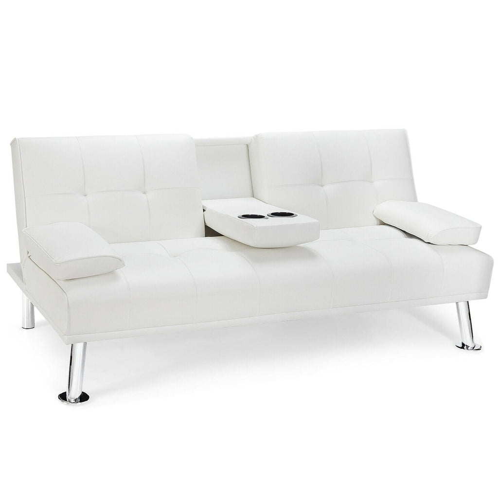 Convertible Folding Leather Futon Sofa with Cup Holders and Armrests