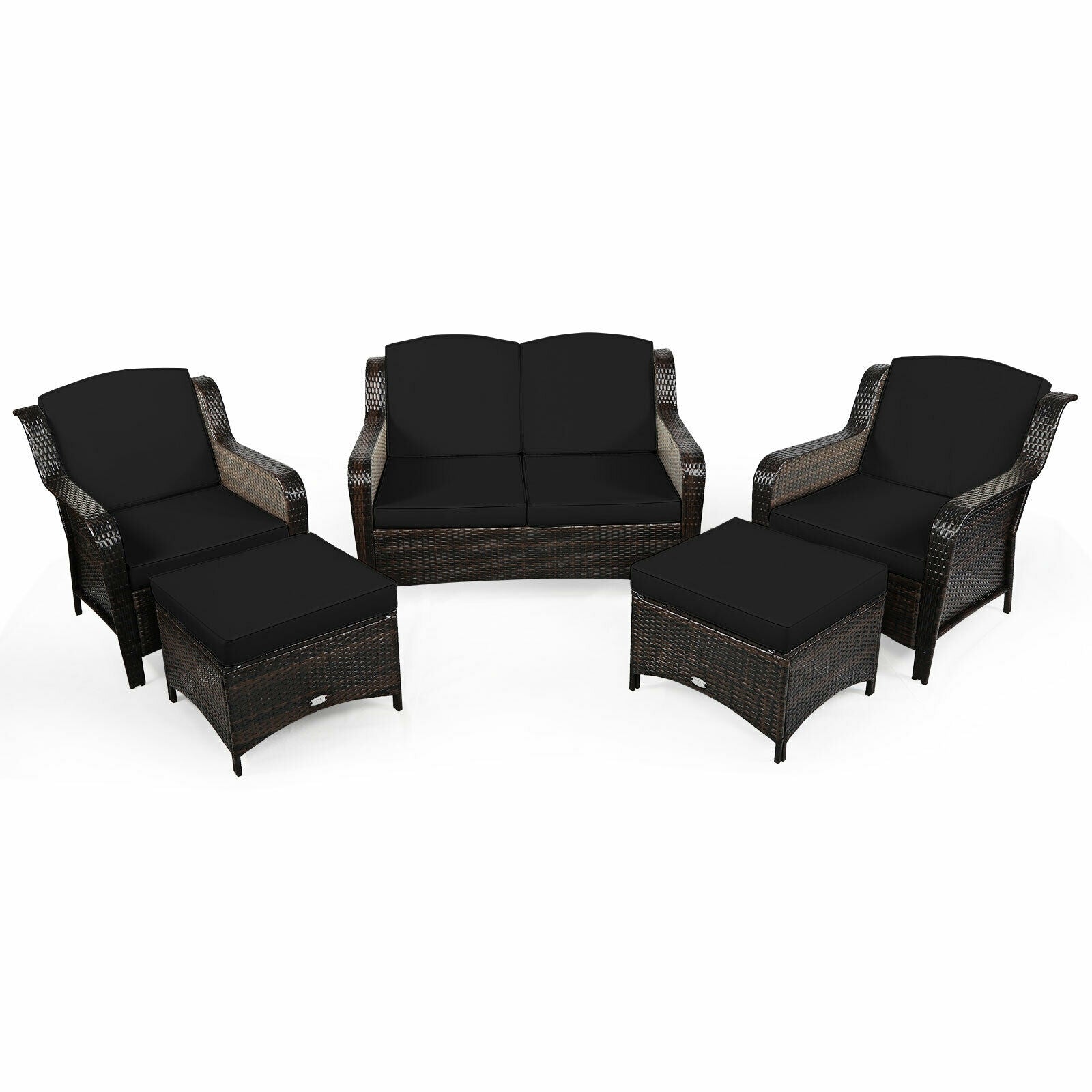 5 Pieces Patio Rattan Sofa Set with Cushion and Ottoman