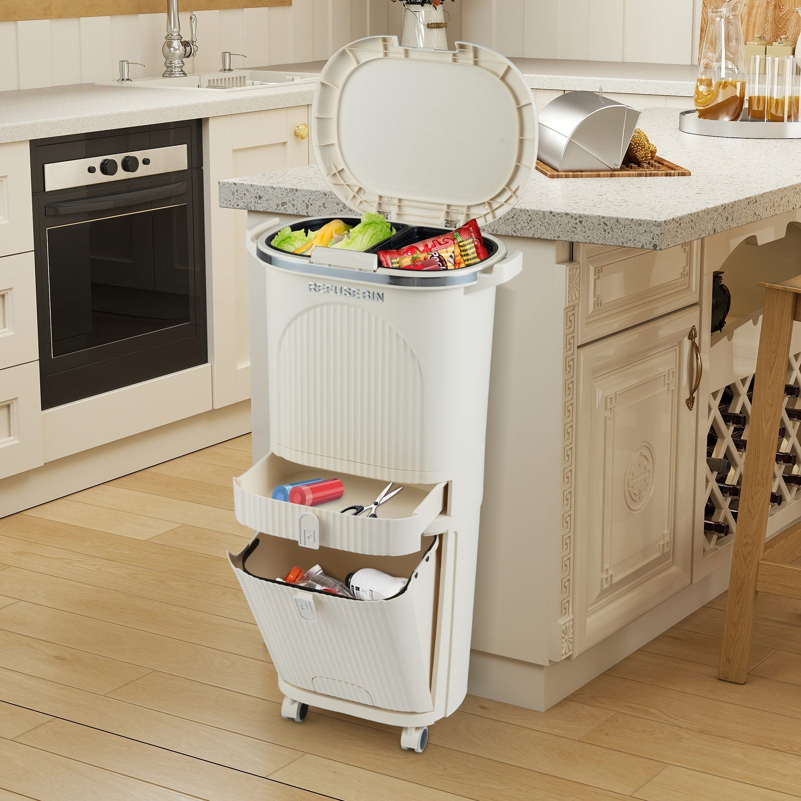 11 Gallon 3-Layer Kitchen Trash Can with Lid and 2 Removable Buckets-Beige