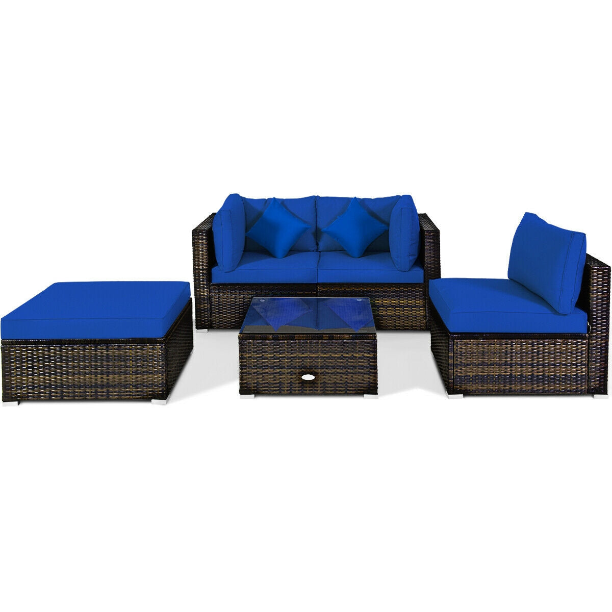 5 Pcs Outdoor Patio Rattan Furniture Set Sectional Conversation with Navy Cushions-Turquoise