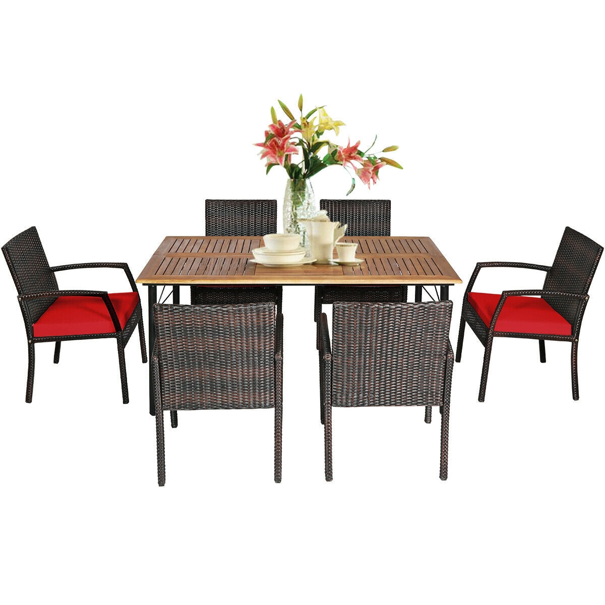 7Pcs Patio Rattan Cushioned Dining Set with Umbrella Hole