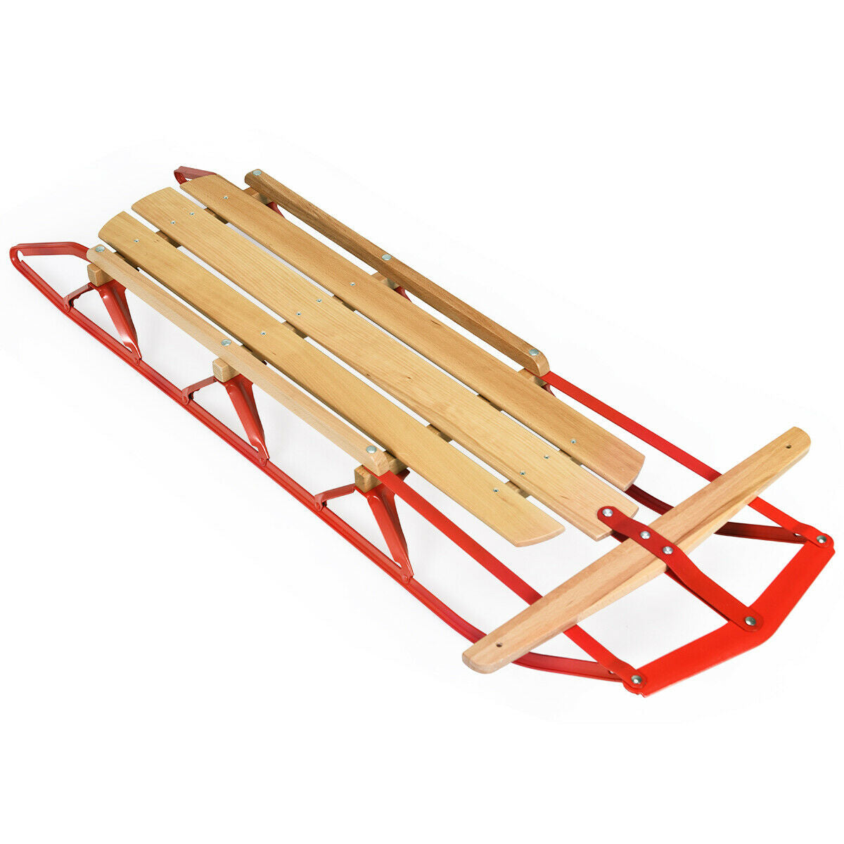 54 Inch Wood Snow Sled with Metal Runners and Steering Bar