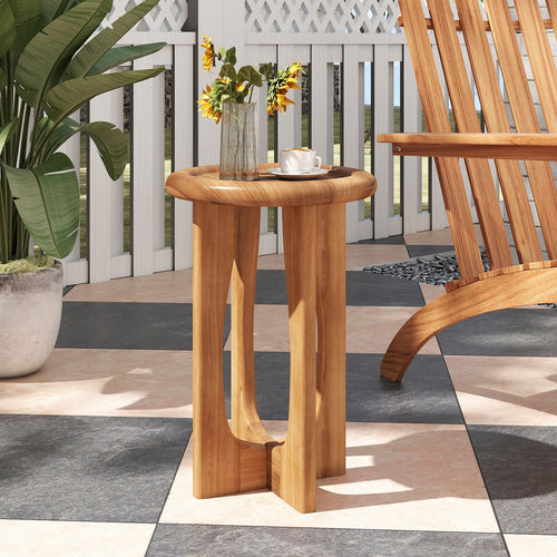 14 Inch Farmhouse End Table with Round Tray Top and Wood Cross Legs