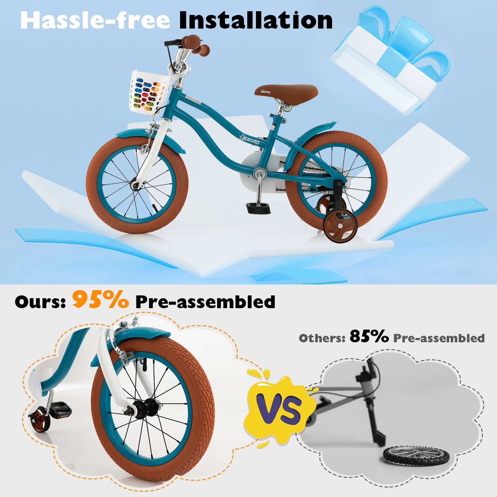 14 Inch Kid's Bike with Removable Training Wheels and Basket-Blue