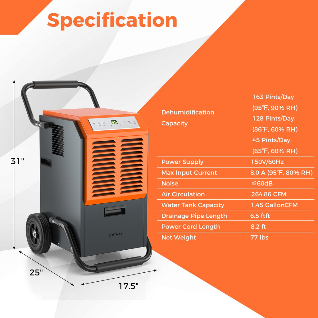 163 Pints Commercial Dehumidifier with Drain Hose and 24H Timer-Gray