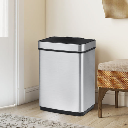 16 Gallon Trash Can Infrared Motion Sensor Garbage Can with Dual Compartments-Silver
