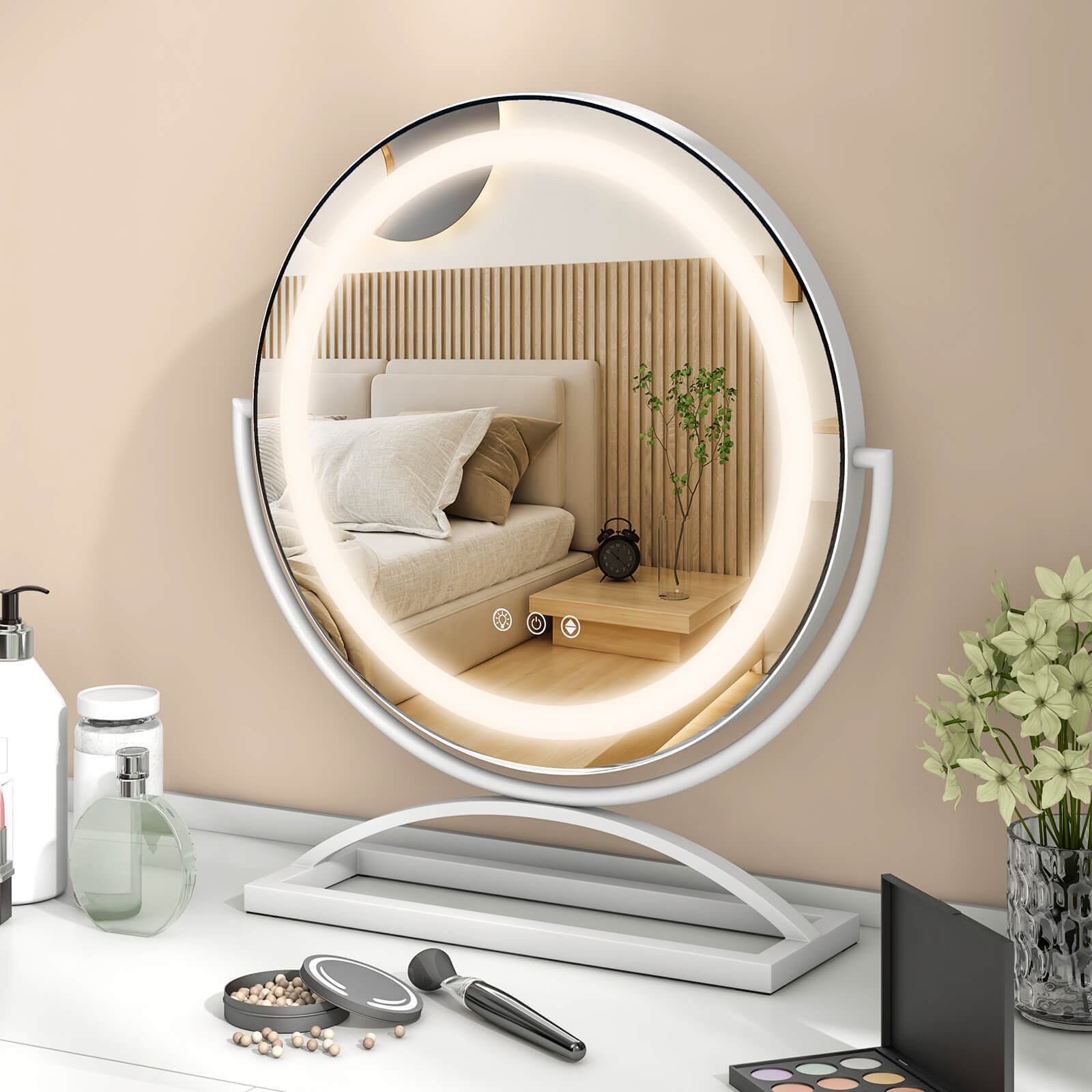 16 Inch Round Makeup Vanity Mirror with 3 Color Dimmable LED Lighting