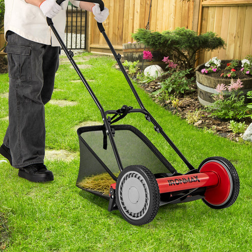 16 Inch Push Lawn Mower with 5 Steel Blades and Grass Catcher Bag