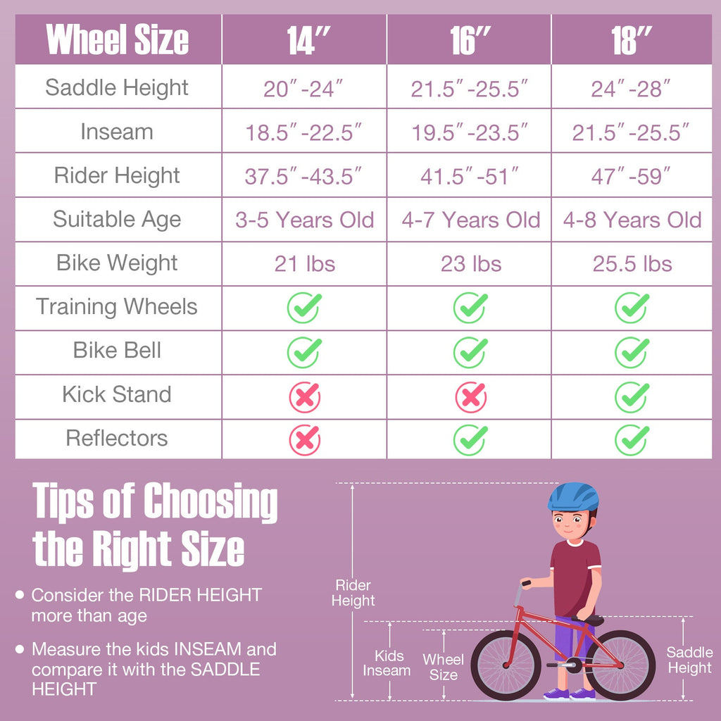 16 Inch Kids Bike with Front Handbrake and 2 Training Wheels-Purple