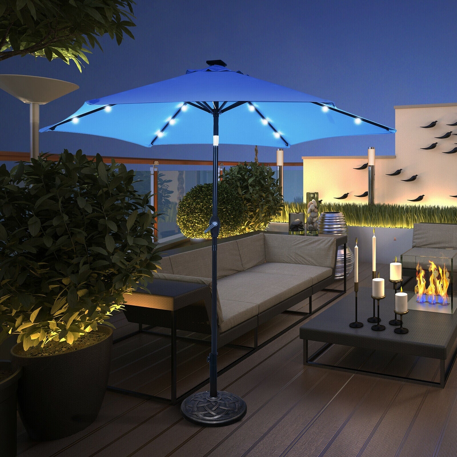9 Feet Solar LED Lighted Patio Market Umbrella Tilt Adjustment Crank Lift