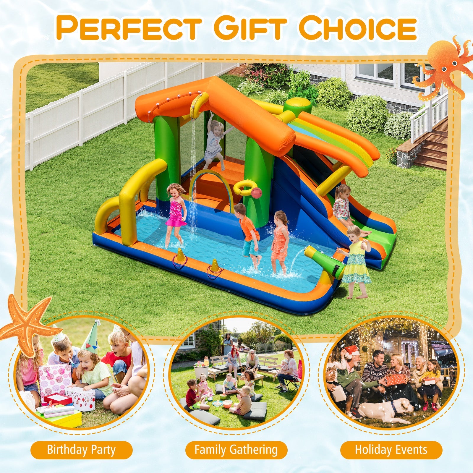 8-in-1 Jumping Castle with Slide and 480W Blower