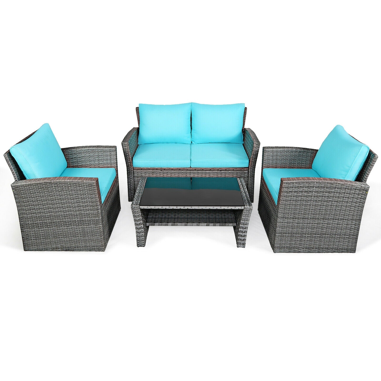 4 Pieces Patio Rattan Furniture Set Sofa Table with Storage Shelf Cushion