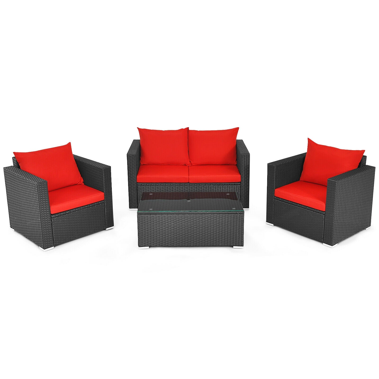 4 Pieces Patio Rattan Conversation Set with Cushions and Coffee Table-Black