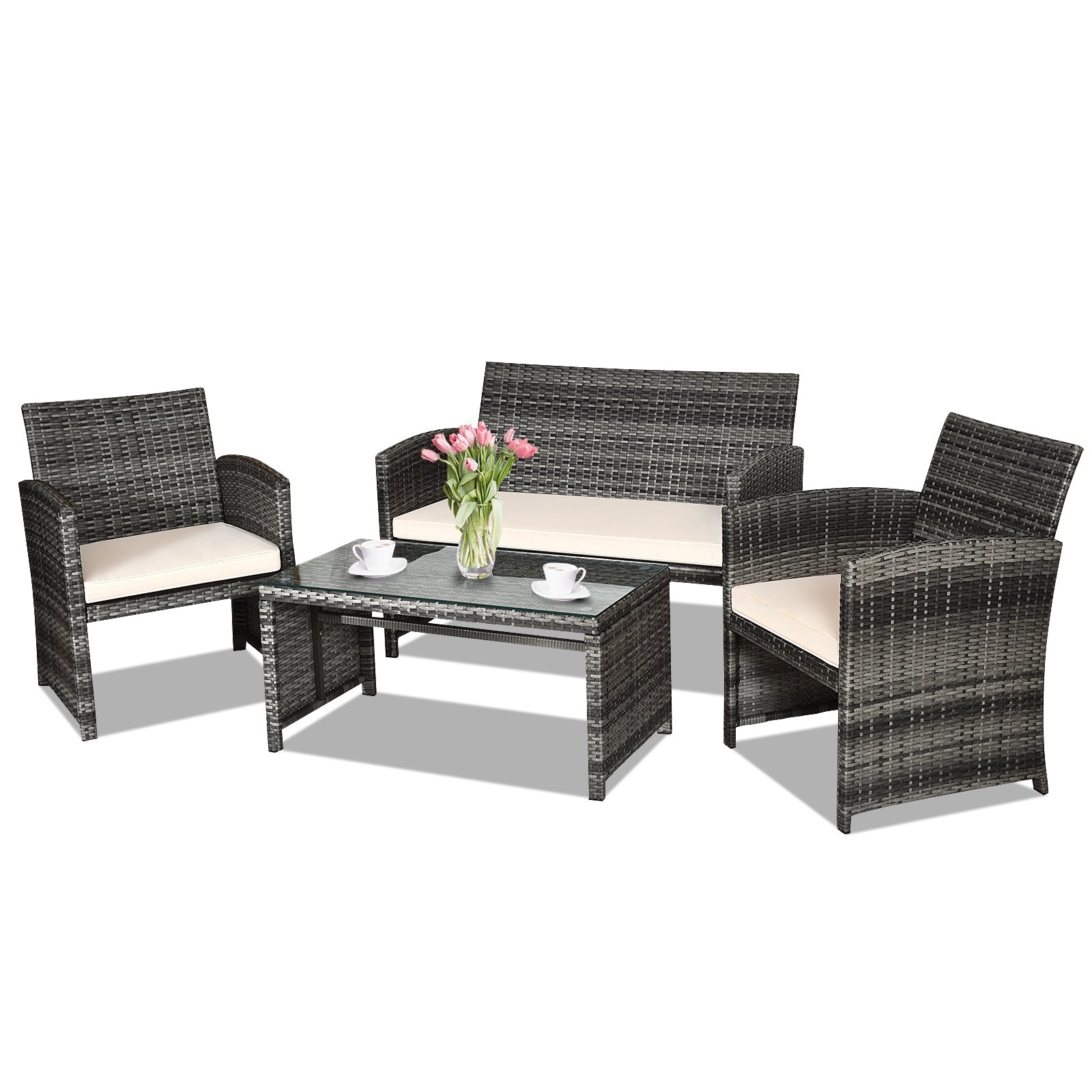 4 Pieces Patio Rattan Furniture Set with Glass Table and Loveseat-Gray