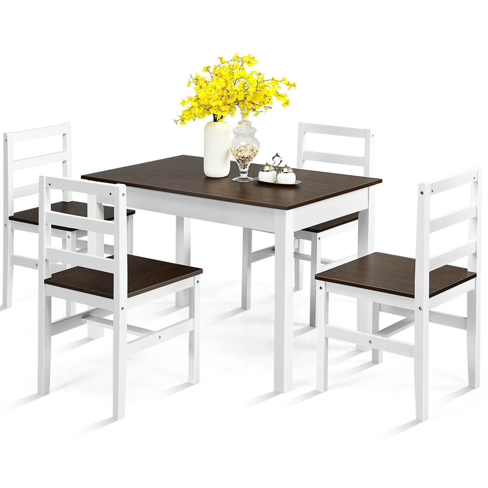 5 Pieces Solid Wood Compact Kitchen Dining Set-Walnut