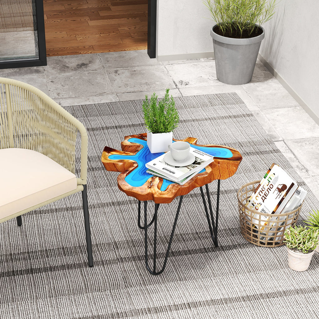 21 Inch Outdoor Epoxy Resin Teak Wood End Table with Irregular Tabletop