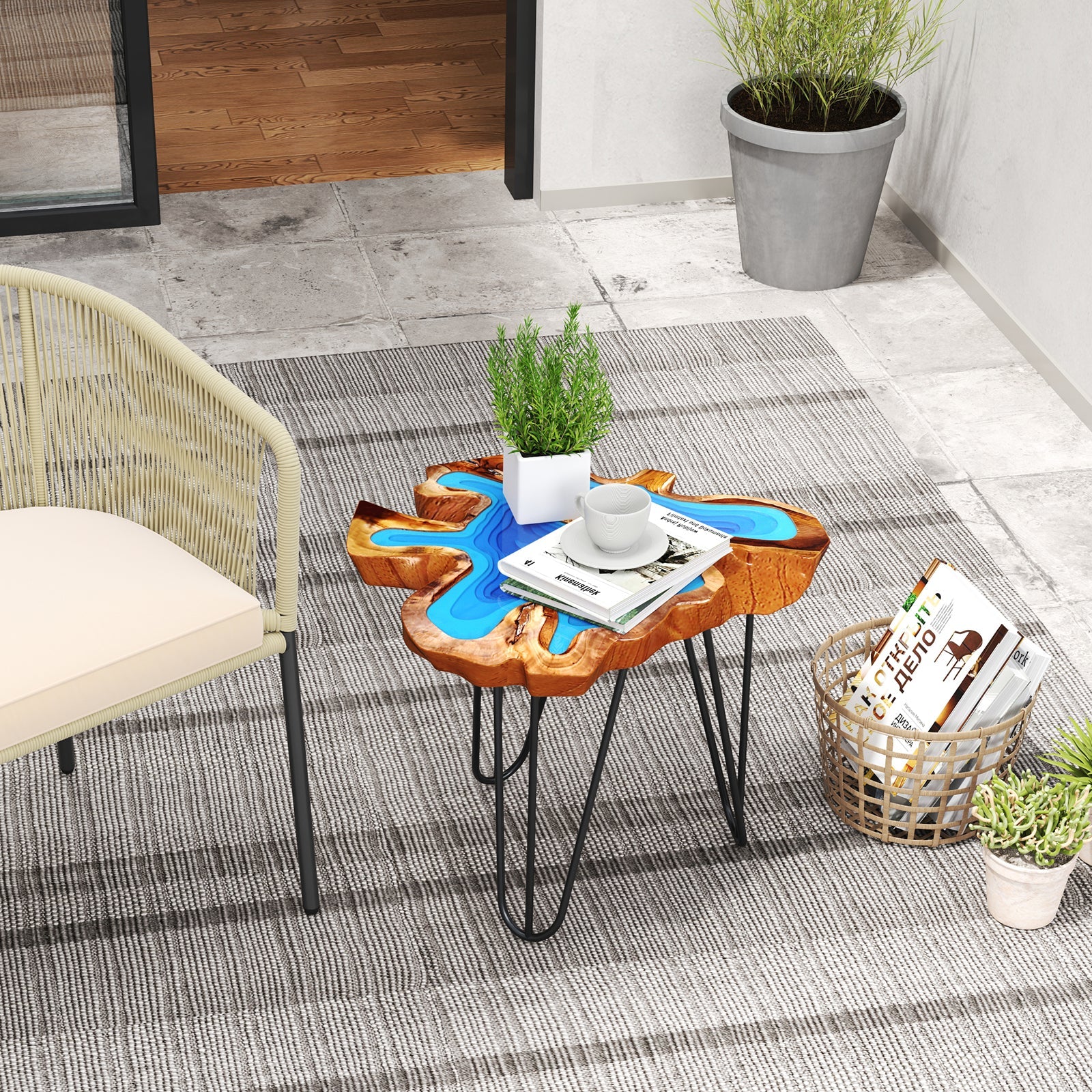 21 Inch Outdoor Epoxy Resin Teak Wood End Table with Irregular Tabletop