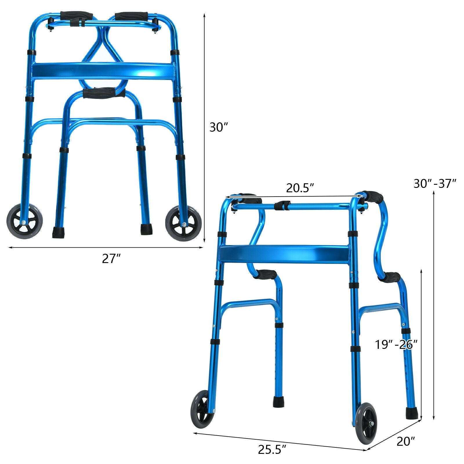Adjustable Heavy-Duty Folding Walker with Unidirectional Wheels and Bi-Level Armrests-Black