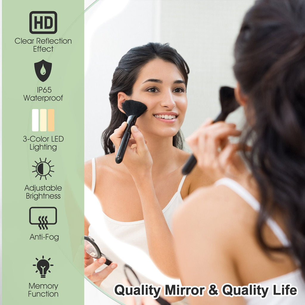24 Inch Round Wall Mirror with 3-Color LED Lights and Smart Touch Button