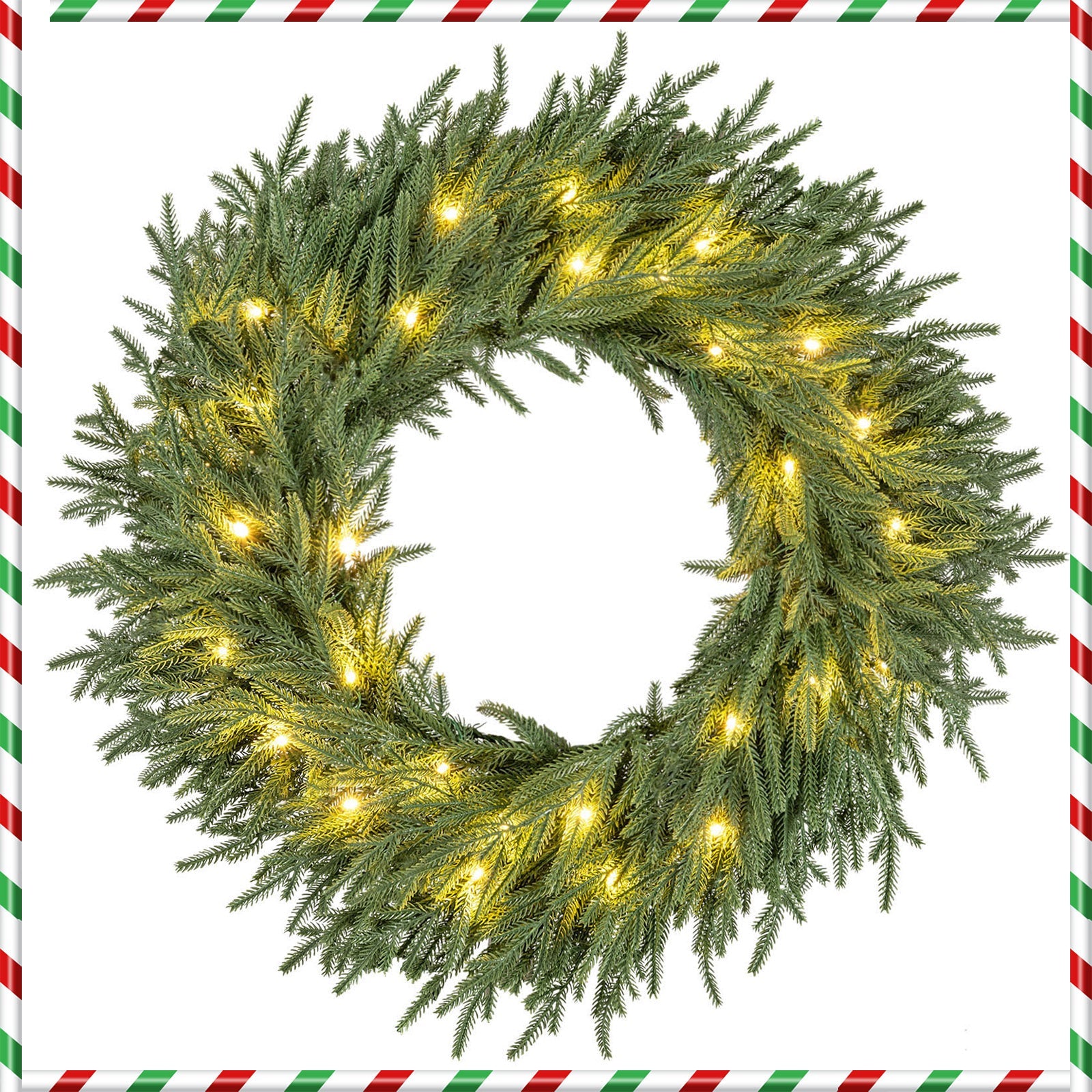 24 Inch Pre-lit Christmas Wreath with 108 Branch Tips and 35 Warm White LED Lights for Wall Window