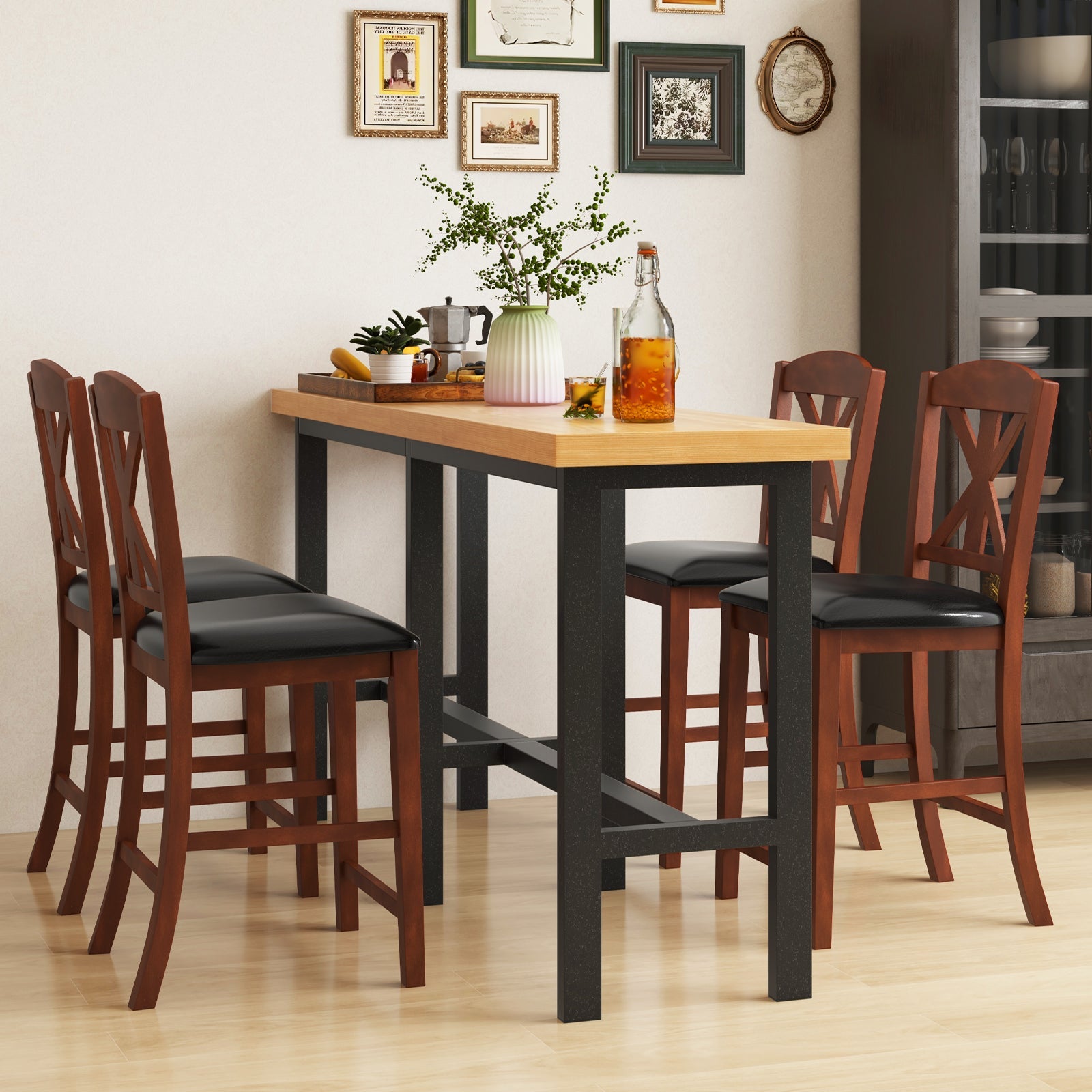24 Inch Upholstered Dining Chair with Hollowed High Backrest Set of 2-Brown