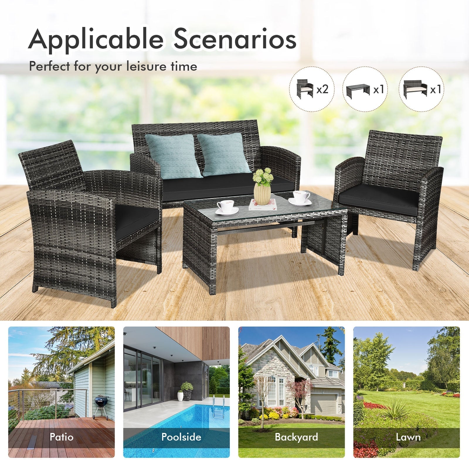 4 Pieces Patio Rattan Furniture Set with Glass Table and Loveseat-Gray