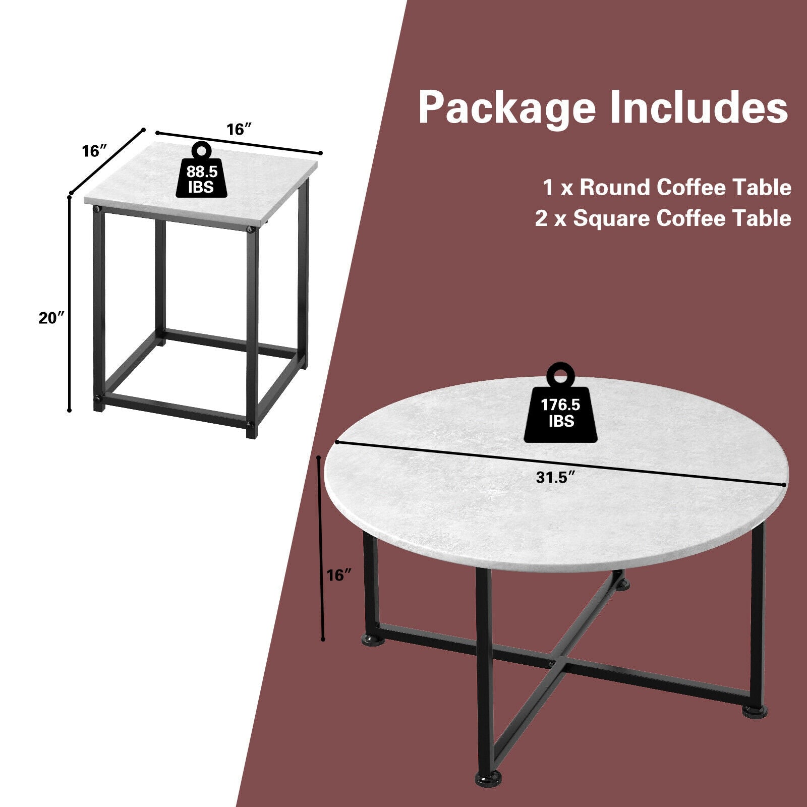 3-Piece Modern Faux Marble Coffee Table Set for Living Room