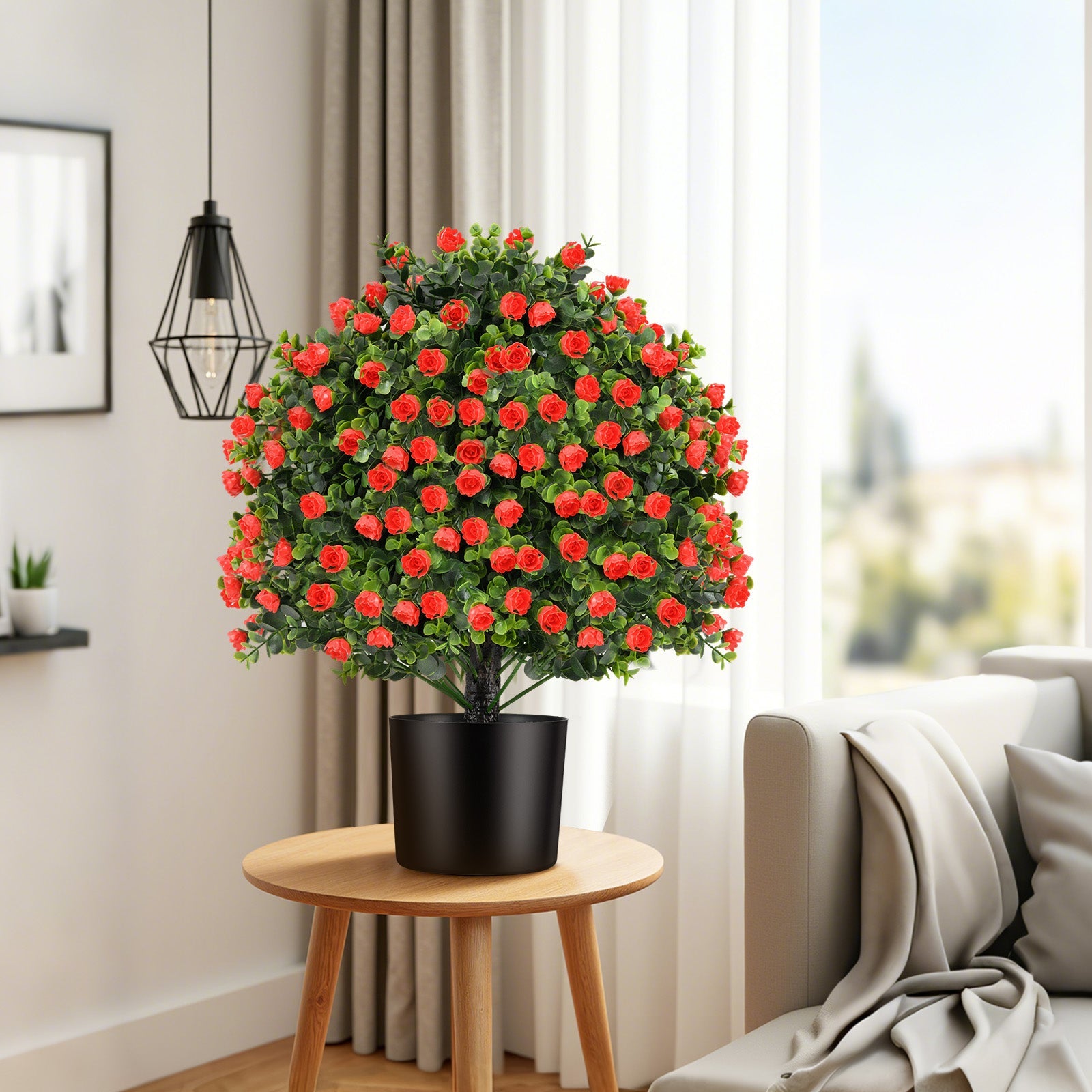 2 Pack Artificial Rose Topiary Ball Tree Faux Shrub Bushes with Flowers-Red