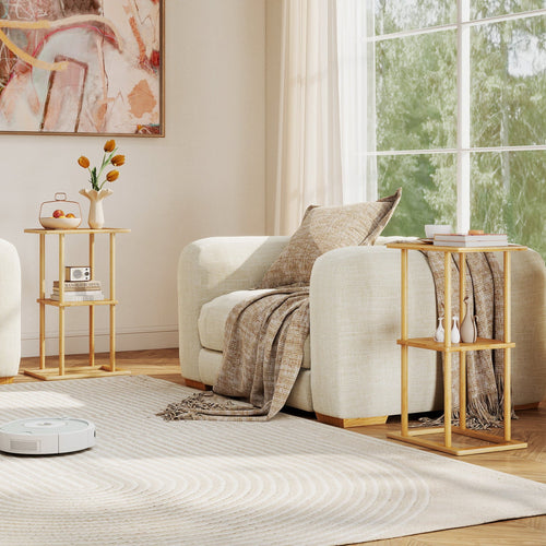 2 Pieces Side Table with Storage Shelves and Bamboo Construction-Natural