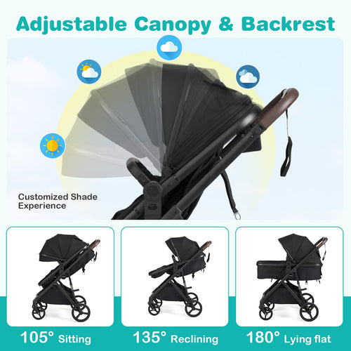 2 in 1 Baby Stroller with Bassinet Mode High Landscape with Reversible Seat and Canopy