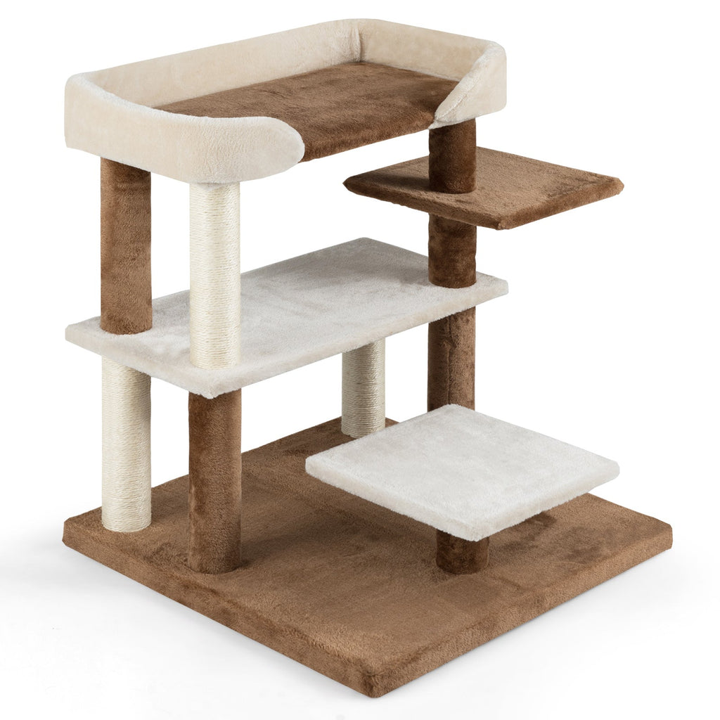 2-in-1 Cat Tree Tower Pet Steps with Sisal Scratching Posts and 4 Large Platforms-Brown
