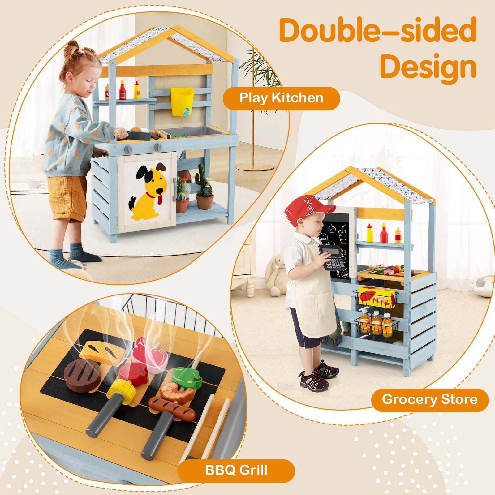 2 in 1 Wooden Mud Kitchen with Removable Water Box  and Storage Bag-Gray