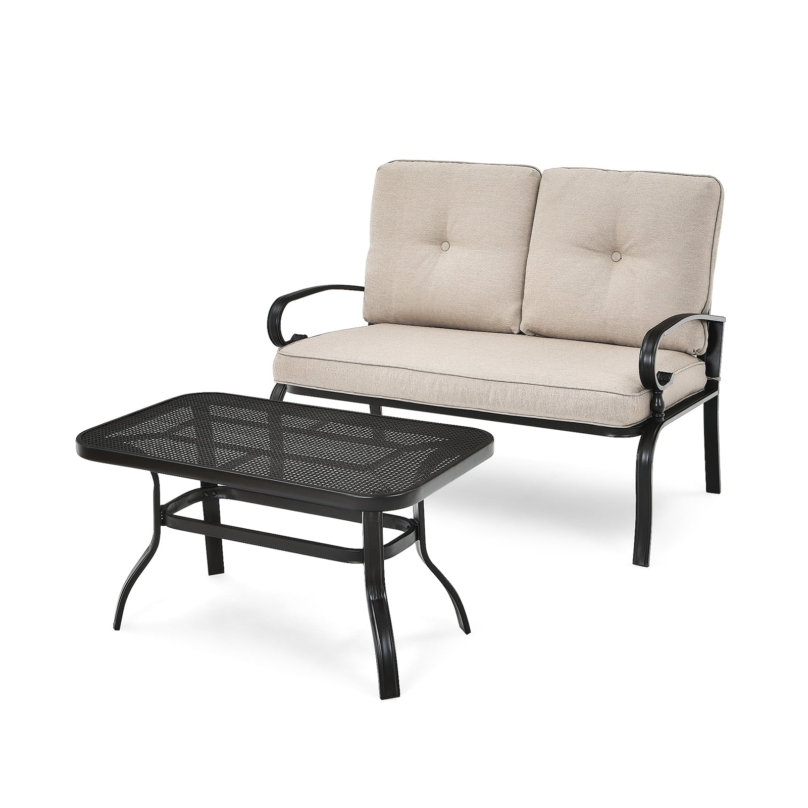 2 Pieces Patio Loveseat Bench Table Furniture Set with Cushioned Chair-Blue