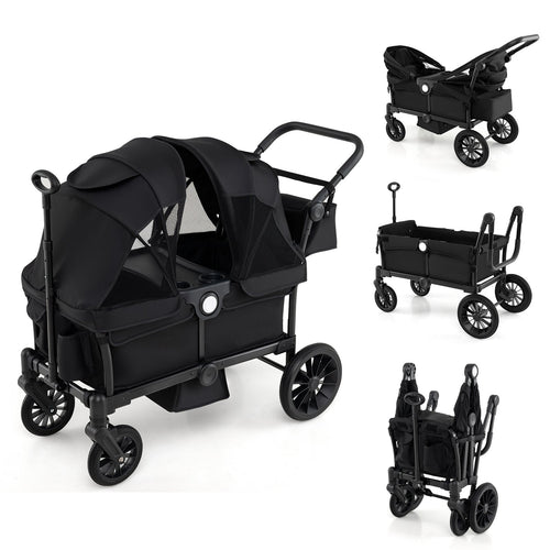 2 Seater Push Pull Collapsible Kids Wagon Stroller with Adjustable Handlebars