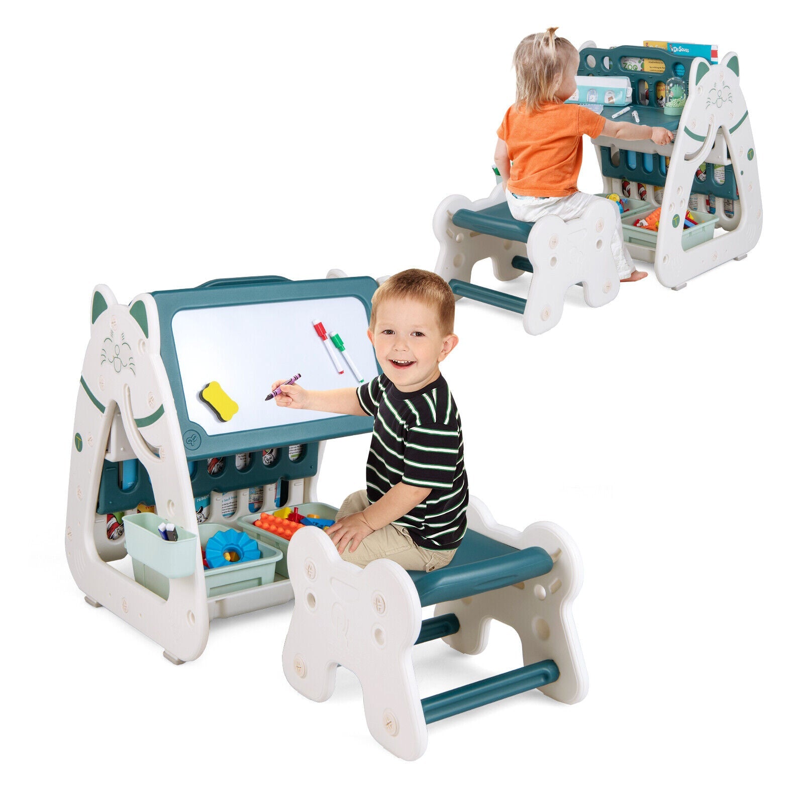 3-In-1 Double Sided Magnetic Dry-Erase Board with Stool and Flipped Writing Desktop