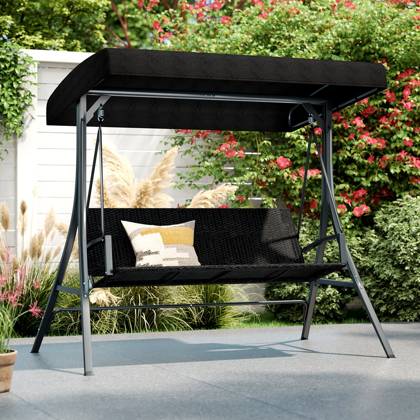 3-Person Porch Swing with Stand Outdoor Canopy Swing with Rattan Seat Back-Black