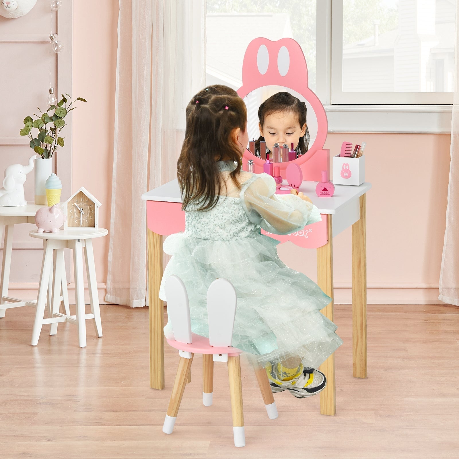 Kids Vanity Set Rabbit Makeup Dressing Table Chair Set with Mirror and Drawer