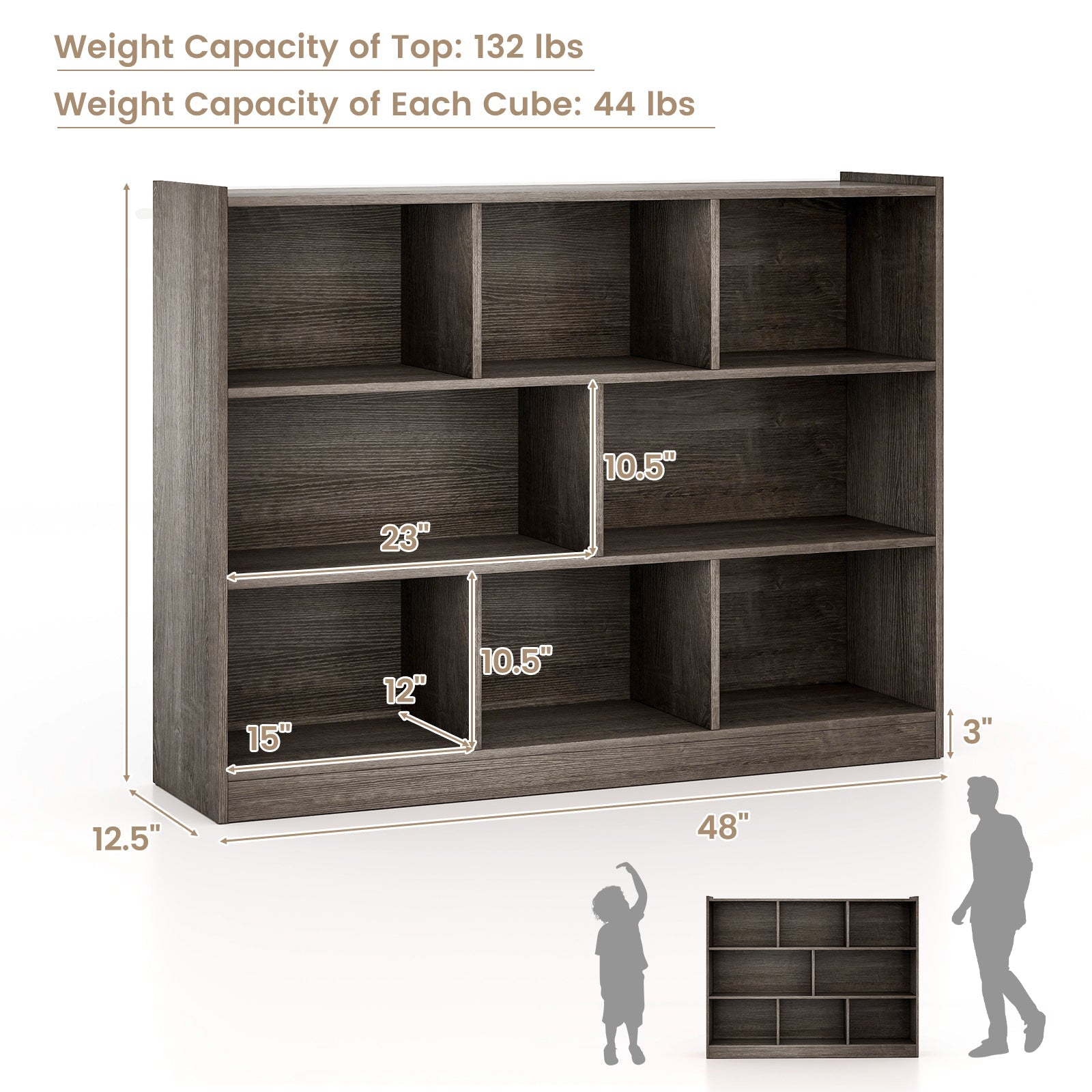 3-Tier Open Bookcase 8-Cube Floor Standing Storage Shelves